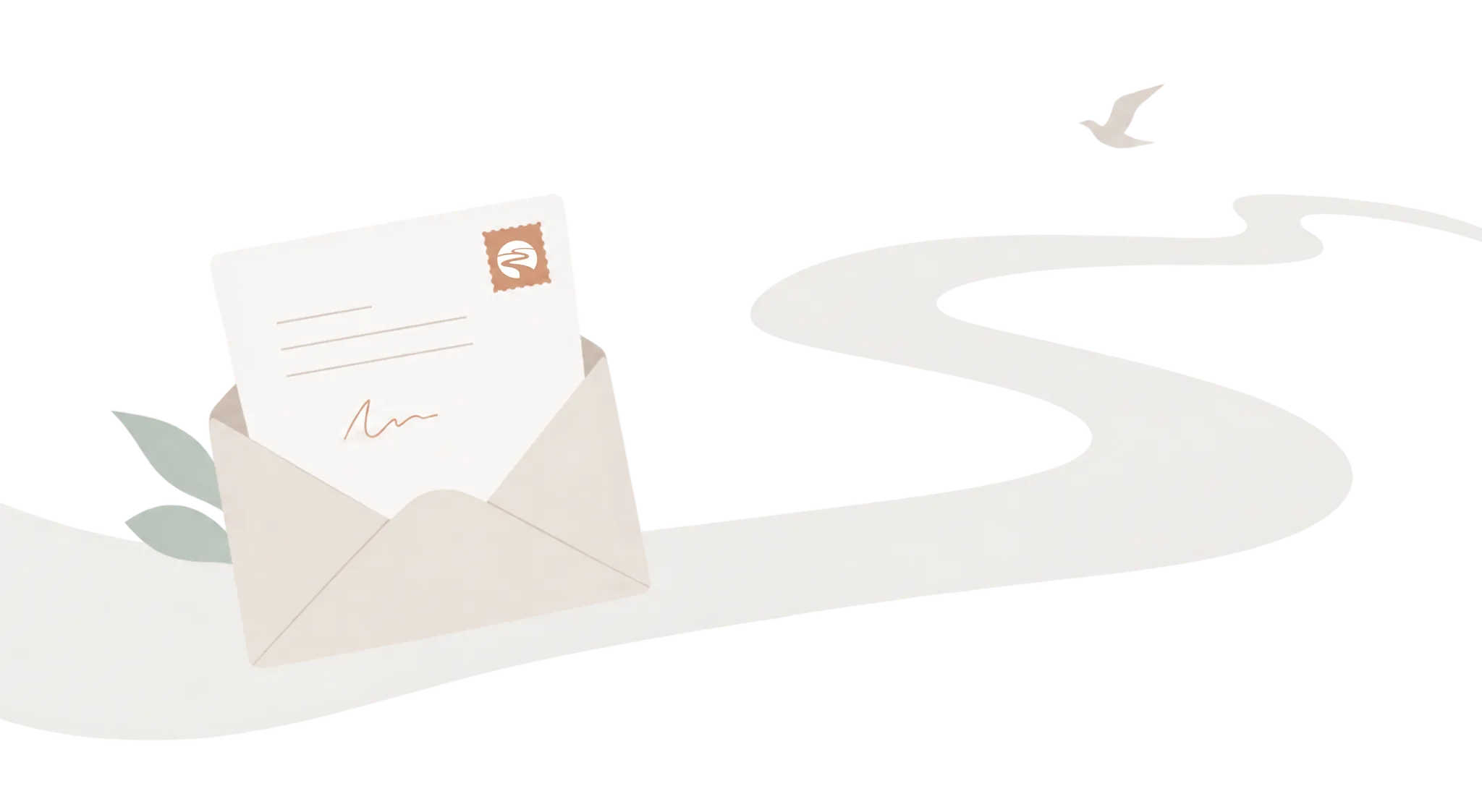 An open envelope holding a letter, set along a calm winding path